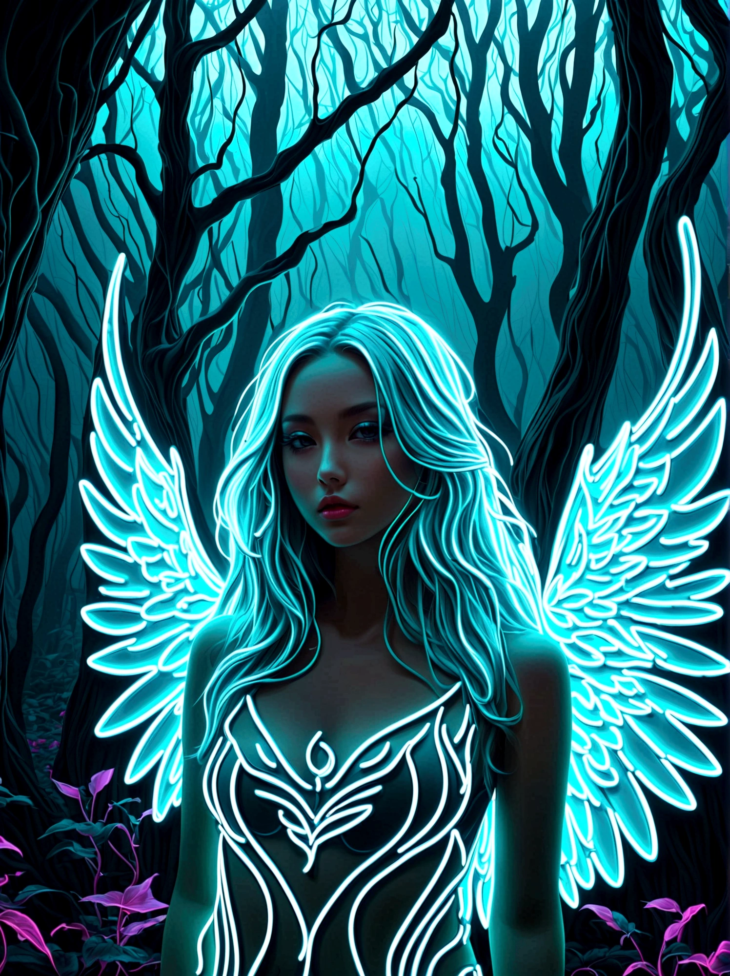 Neon，发光的Neon, Desolate mysterious forest in fog，Beautiful girl with long white wavy hair，Stand in front，With wings，(翅膀由彩虹色Neon轨迹形成:1.3)，Surreal，fantasy，Stunning，Vision，whole body