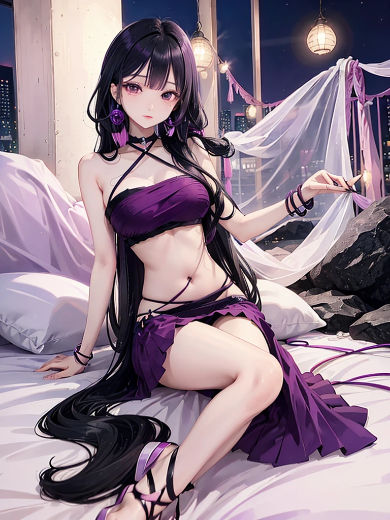 Black Hair、Oriental face、Iris、Light purple dress、One person、Sitting、night、
