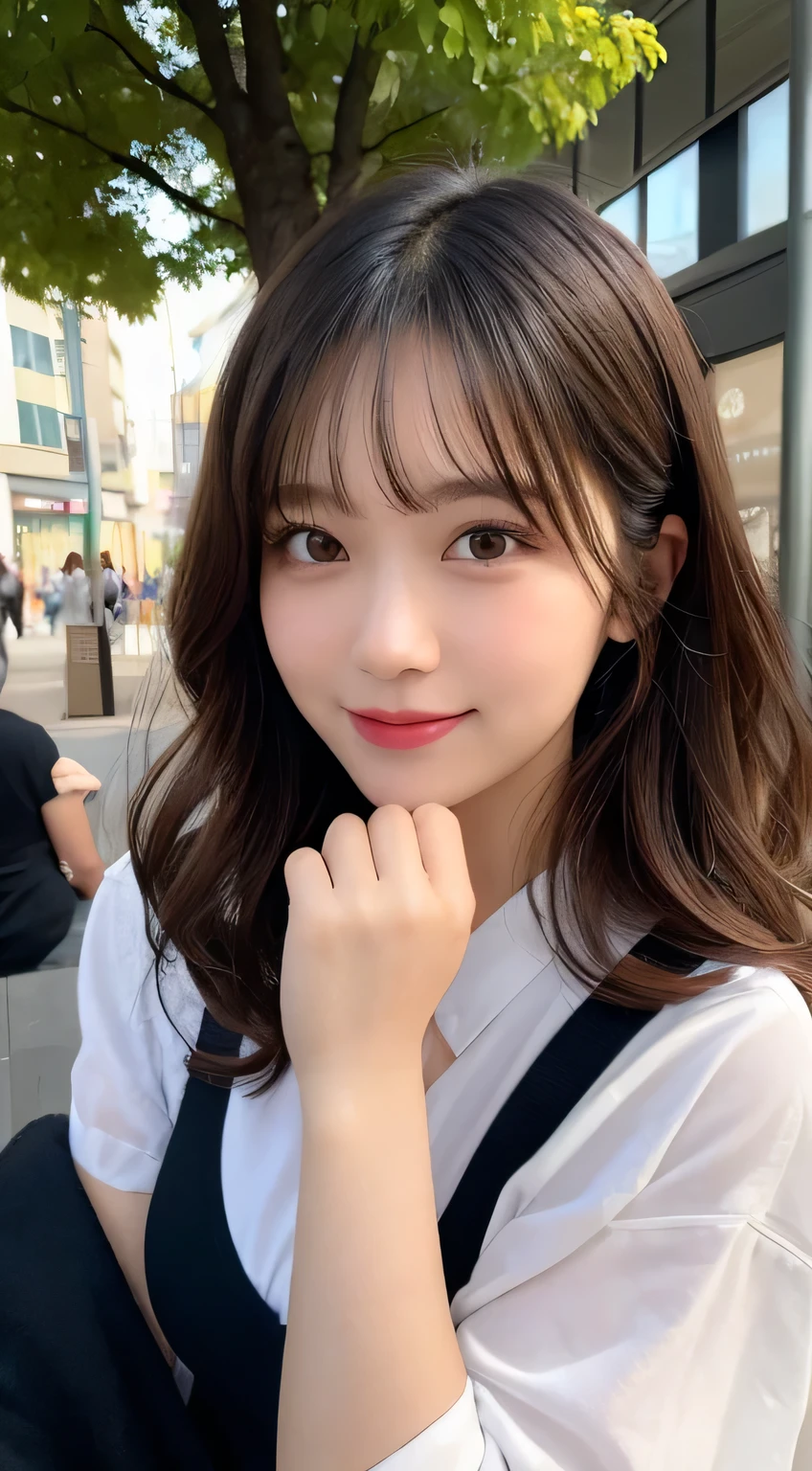 Tabletop, Highest quality, figure, Super detailed, In detail, High resolution, 8k wallpaper, Perfect dynamic composition, Beautiful fine details, Autumn fashion for women,Wavy Hair,Huge boobs、Natural color lip, Bold sexy pose,smile,Harajuku、20-year-old girl、cute、sexy shot looking at camera、Close-up of face