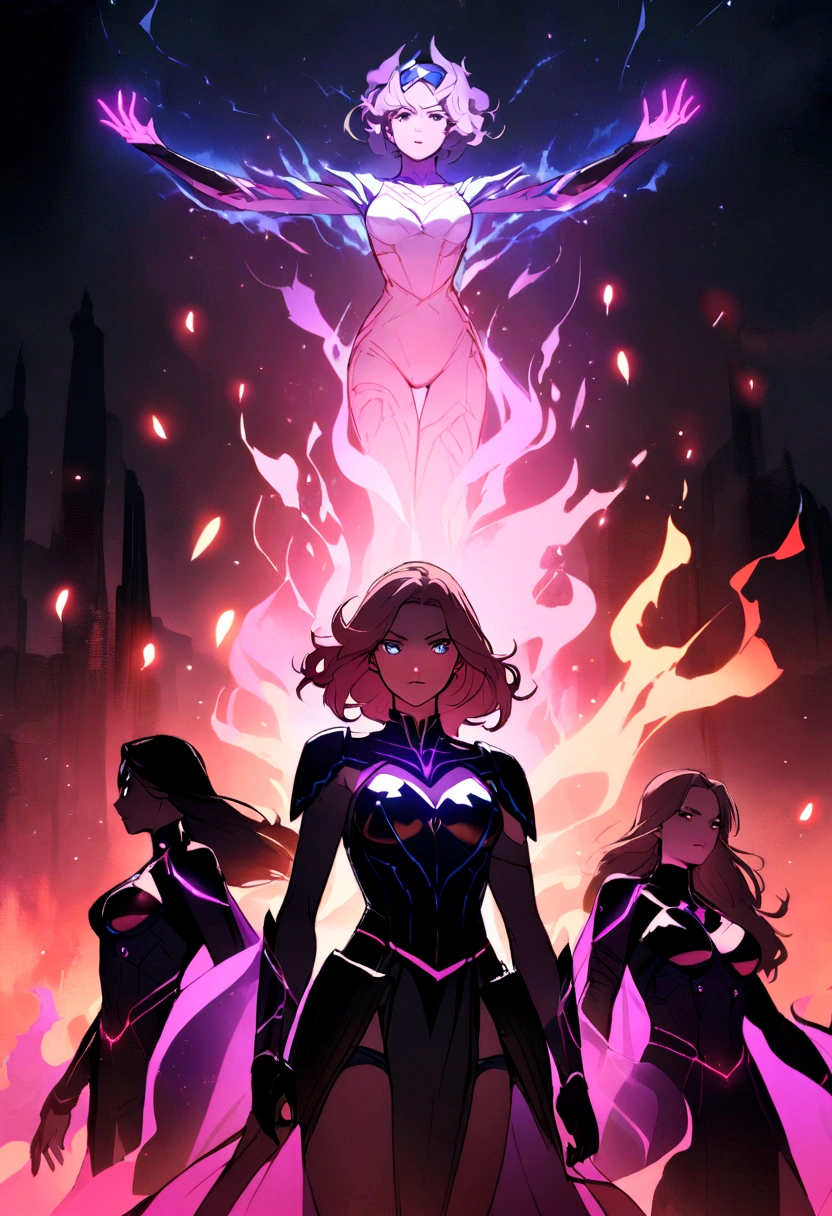 The image depicts a group of superheroines with various powers and abilities, standing together in front of a fiery background.
