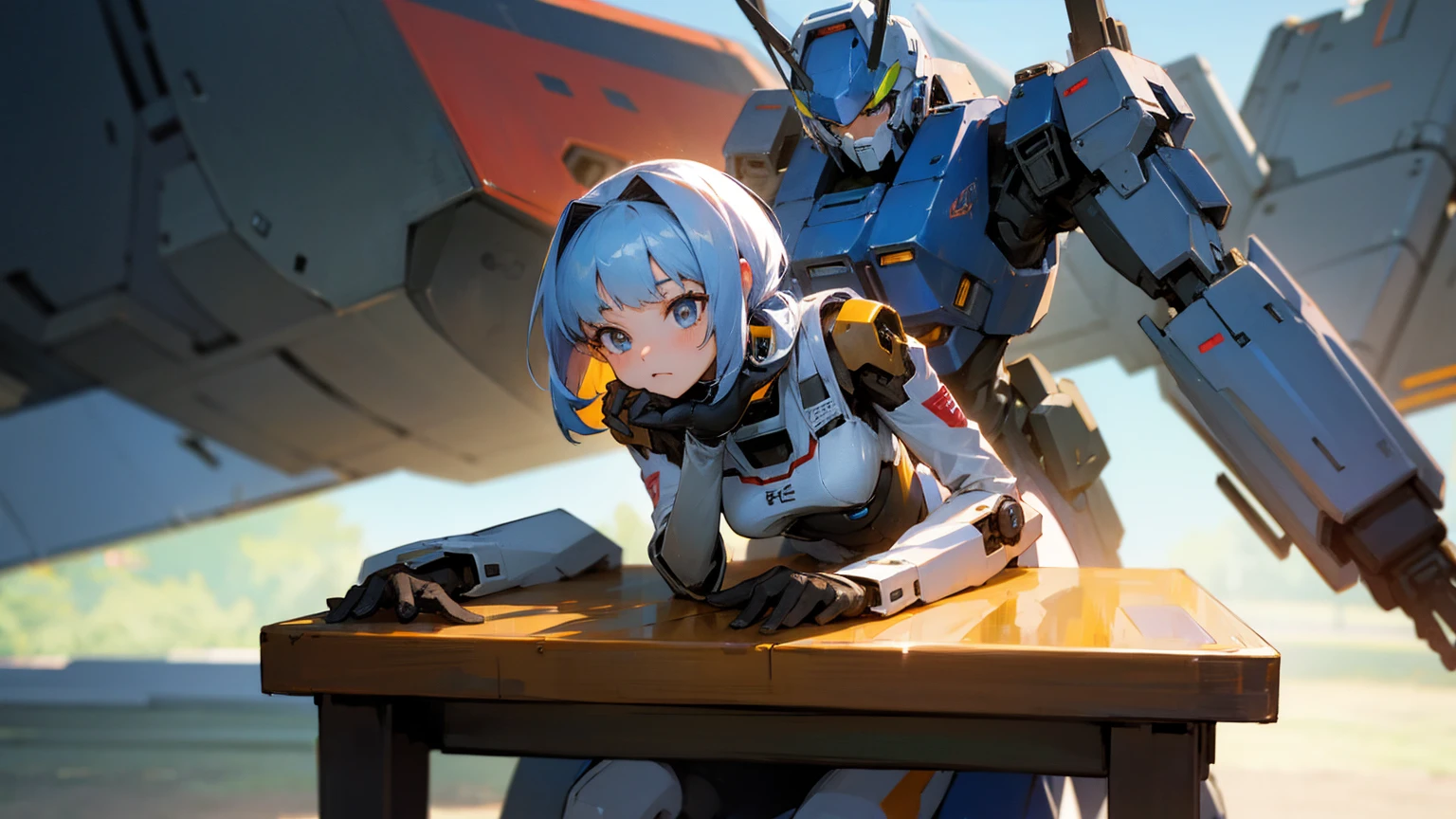 mecha girl, in a table
