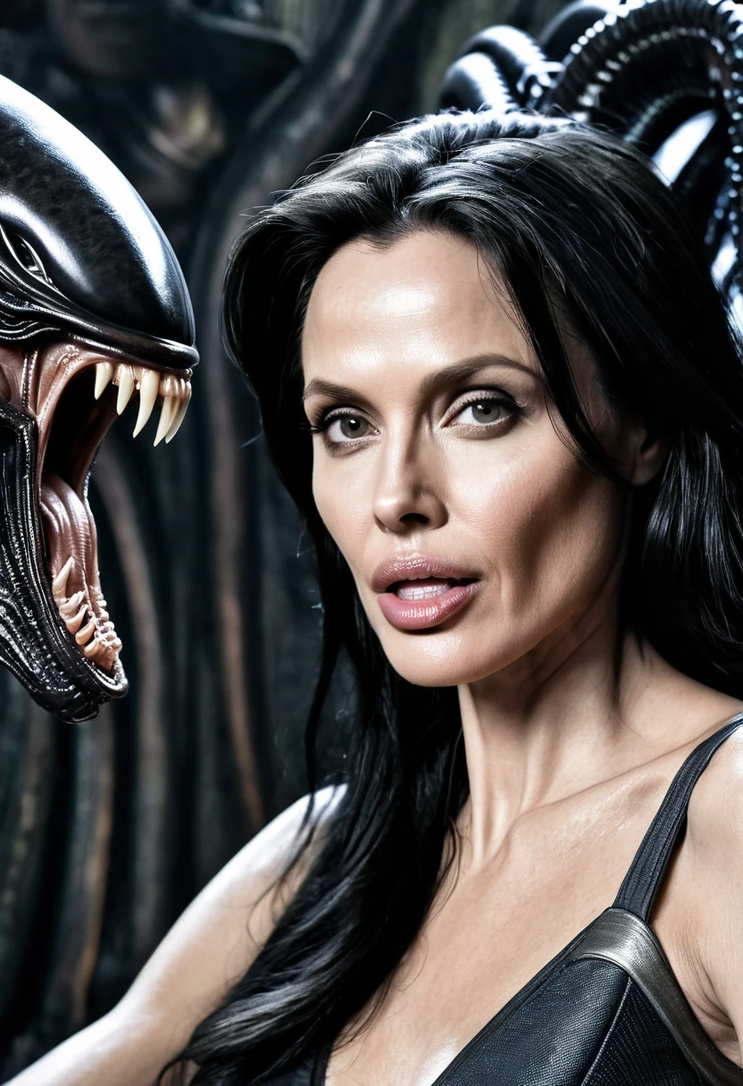 (((Very close up (((Xenomorfo Alien el octavo pasajero))) in front of Angelina Jolie under the mantle of the Amazon warrior Wonder Woman long black hair surreal cinematic image HD))),(((imagenes color Splash)))