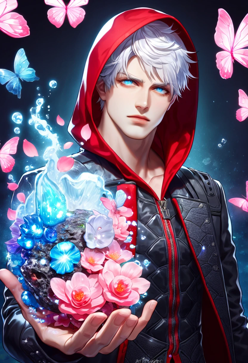 absurdres, highres, ultra detailed, HDR, master piece, best quality, Nero, white hair, expressive blue eyes, devil may cry, solo, man, handsome, black coat with a red hood, magical, fantasy, shining, pink flowers, pink blossoms, pink butterflies, pink petals, water