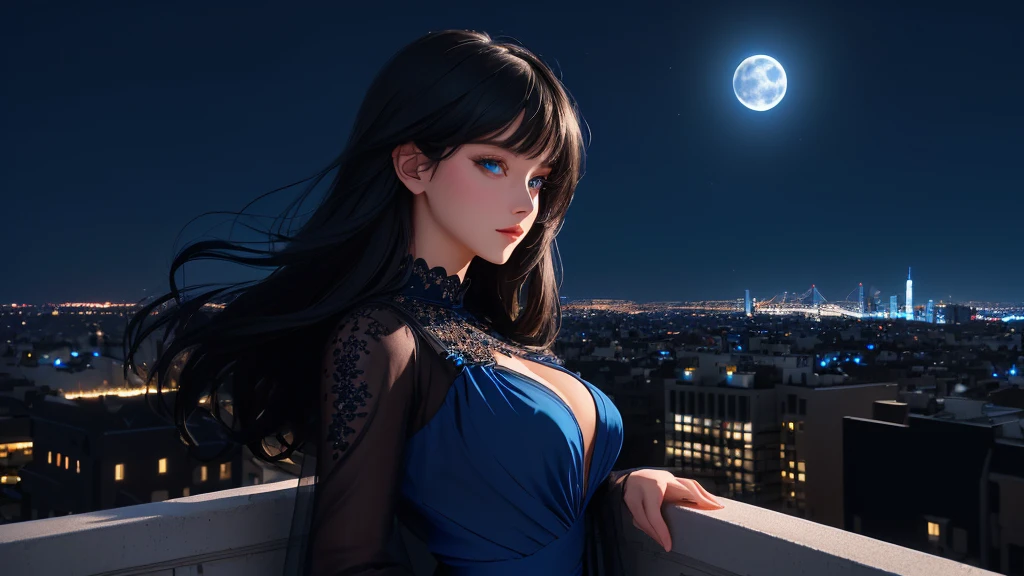 ultra-detailed, beautiful eyes, detailed eyes, detailed face, ultra-detailed, beautiful eyes, Black medium hair, high angle shot, Woman with beautiful blue eyes, looking at the city nightscape on a lonely night, profile, black casual loose-fitting dress, leaning against the wall, deep blue background, moonlight, fantastic lights of buildings and buildings, (((World with blue background))), ((city lights shining beautifully)), blur, Composition like a scene from a movie, master piece, best quality, high resolution, 16k