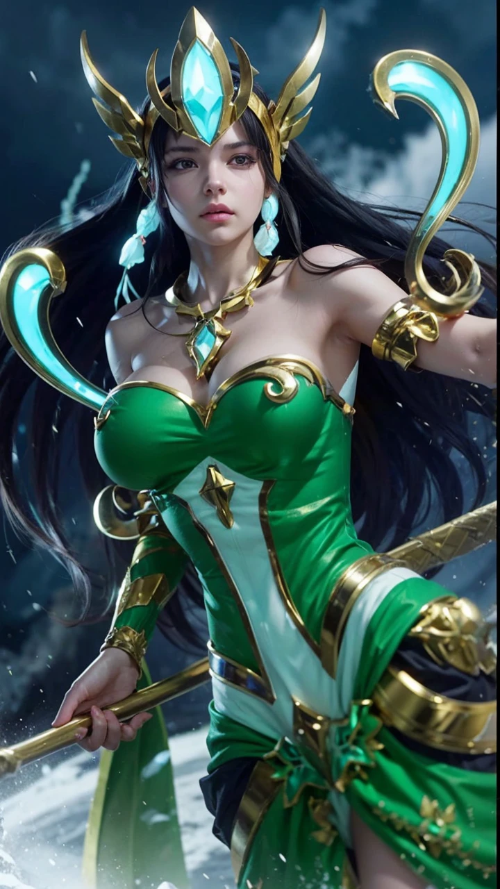 Un primer plano de una mujer con un vestido con una espada, Narberal Gamma - Overlord, finos detalles. chica anime disfrazada de sirvienta, armadura blanca brillante. de piel blanca como la nieve, con cola de caballo negro. La gente cree que su belleza es comparable a la de la Princesa Dorada. Ella usa un bonete blanco en lugar de un casco, y una armadura negra decorada en oro y plata en la semejanza de un uniforme de sirvienta. Como maga de batalla, His weapon of choice is a golden silver staff.. OJOS NEGROS, OBRA HIPERREALISTA, MUY DETALLADA.