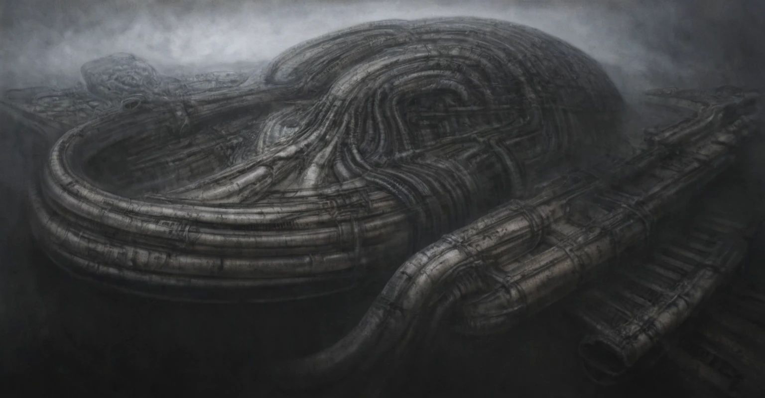 Create biomechanical tableau with some of the artistic techniques and compositional features used in /&quot;Necron IV/” by h r (Hans Rudie) giger:
 The image depicts a complex, sprawling city made of dark ivory, metal and wires. The city is densely packed with loops and twists, resembling a massive, intricate machine.
The painting is composed around a central focus of bone-like celestial formations and tectonic weathering structures with a phallic spine. This central form is the most detailed and brightly lit part of the painting, and it draws the viewer's eye in.The central focus is emphasized by the use of light and shadow. The light source is coming from the top left of the painting, and it casts a bright spotlight on the scene.
Biomorphic forms: The biomechanical forms in the painting are inspired by biological organisms, but they are also machine-like. These forms create a sense of unease and discomfort, as they blur the line between the natural and the artificial
. The image is highly detailed and intricate, uses, with transparent organs and bones exposed). The piece has a thick mechano-organic texture and is covered in fine details. The image has a swirling, organic quality to it. The artistic manner would be unmistakably Gigeresque. A dark and unsettling beauty would permeate the piece, blurring the lines between fascination and repulsion , forever haunted by the grotesque allure. Giger's signature artistic manner would be evident in every stroke. The airbrush would be wielded with masterful precision to create a hyperrealistic yet nightmarish aesthetic.,hrgiger,H.G. Giger Style, Biomechanics,HRGigerArhP style