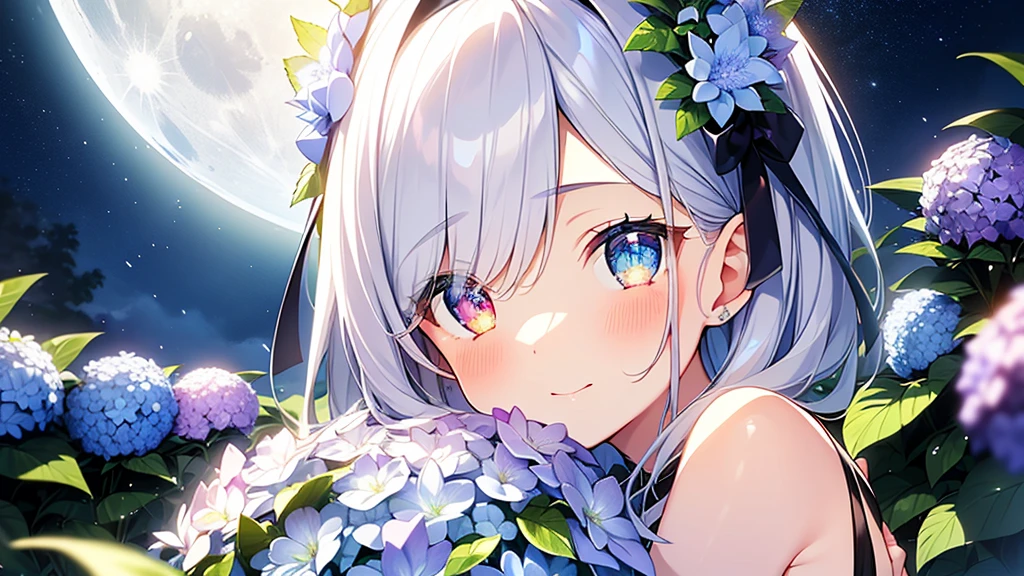 Best quality、Photorealistic、Ultra-detailed、delicate、Orderly、High Detail、Bluish Silver Short Bob、(Drooping heterochromia iris,glowing eyes、Sparkling Eyes:1.3)、slender、(One girl:1.2)、(moon、night、Night Sky、Dark Night、Glowing Hydrangea、Mysterious Light、Girl hugging herself:1.3)、Ambient Occlusion、Ambient Light、Ray-traced Reflections、Glow、Shiny Hair、
