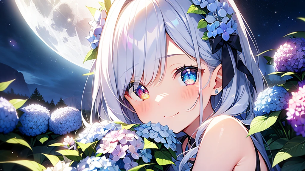 Best quality、Photorealistic、Ultra-detailed、delicate、Orderly、High Detail、Bluish Silver Short Bob、(Drooping heterochromia iris,glowing eyes、Sparkling Eyes:1.3)、slender、(One girl:1.2)、(moon、night、Night Sky、Dark Night、Glowing Hydrangea、Mysterious Light、Girl hugging herself:1.3)、Ambient Occlusion、Ambient Light、Ray-traced Reflections、Glow、Shiny Hair、