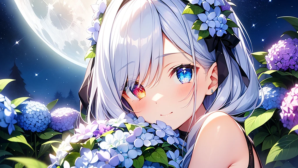 Best quality、Photorealistic、Ultra-detailed、delicate、Orderly、High Detail、Bluish Silver Short Bob、(Drooping heterochromia iris,glowing eyes、Sparkling Eyes:1.3)、slender、(One girl:1.2)、(moon、night、Night Sky、Dark Night、Glowing Hydrangea、Mysterious Light、Girl hugging herself:1.3)、Ambient Occlusion、Ambient Light、Ray-traced Reflections、Glow、Shiny Hair、