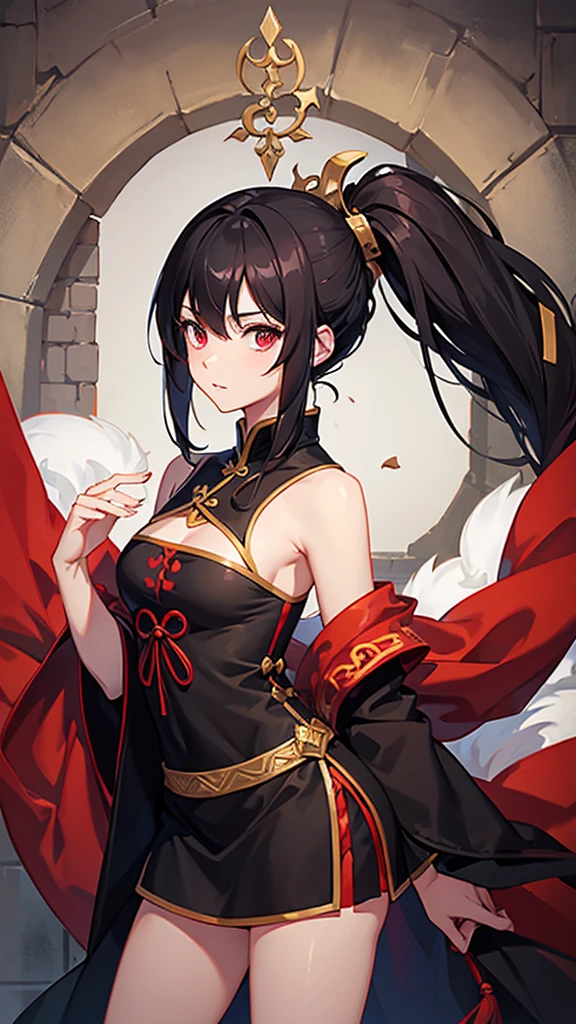 Un personaje de cabello negro y ojos rojos,con ropa medieval china