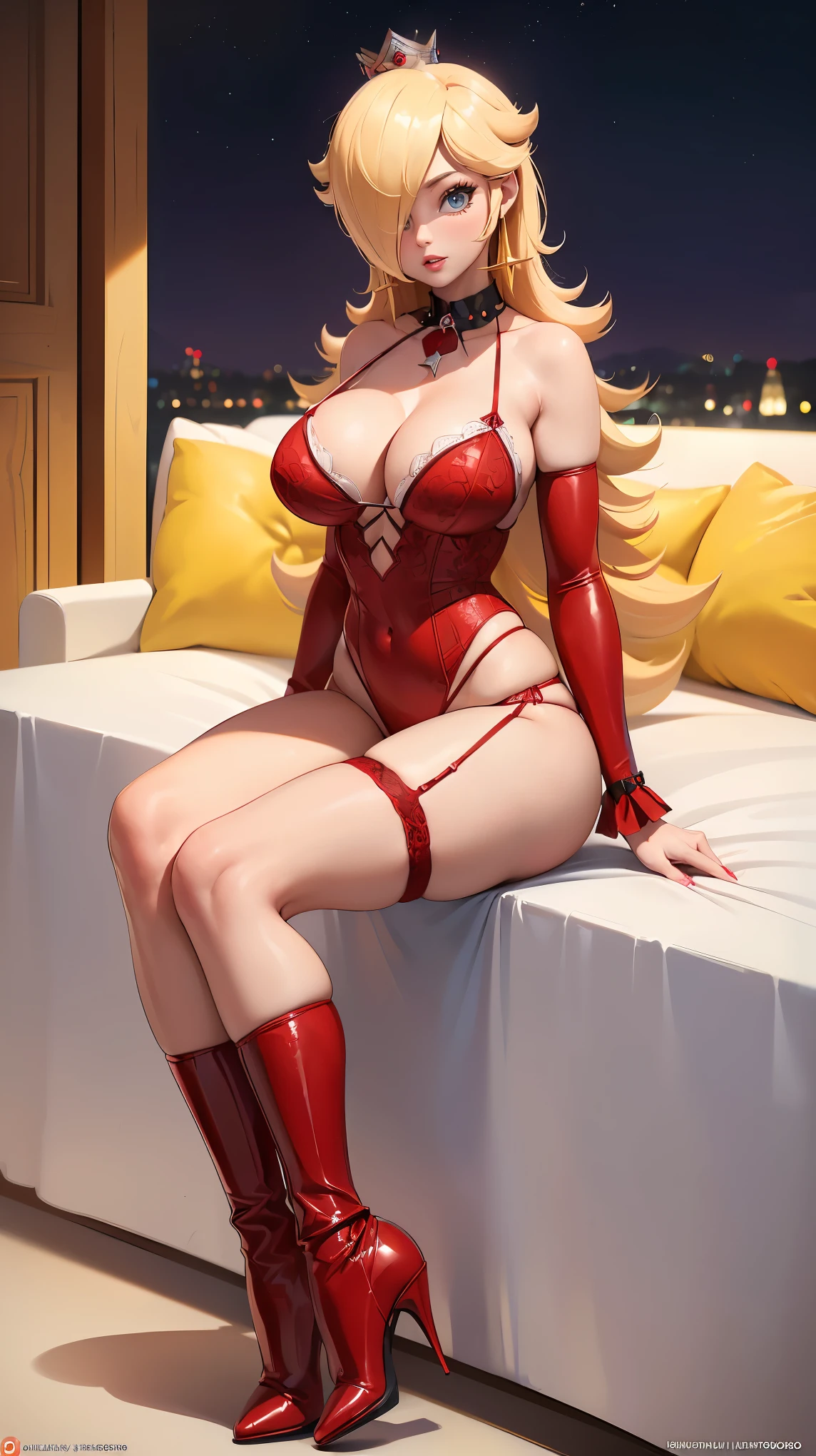 (best quality). (Ultra Detalhado). (1girl), Olhando para o Viewer. (Antecedentes detalhados). belos olhos detalhados. rosto delicado e bonito. (high saturation), seios grandes, droopy breasts, (((sexy date red lingerie outfit))), (((sexy cleavage))), (((sexy legs))), (((heels))), 