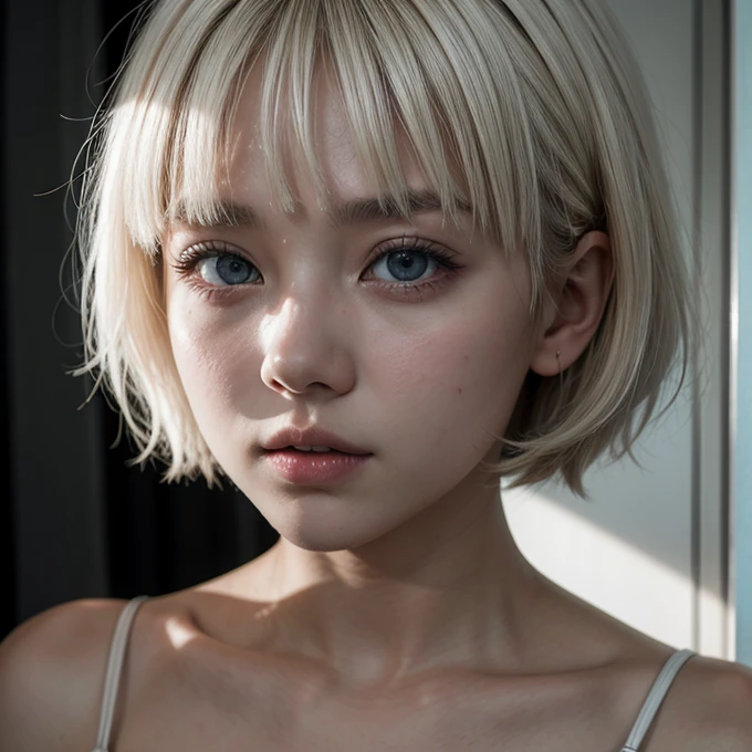 Woman, white short hair, white eyes, dark room