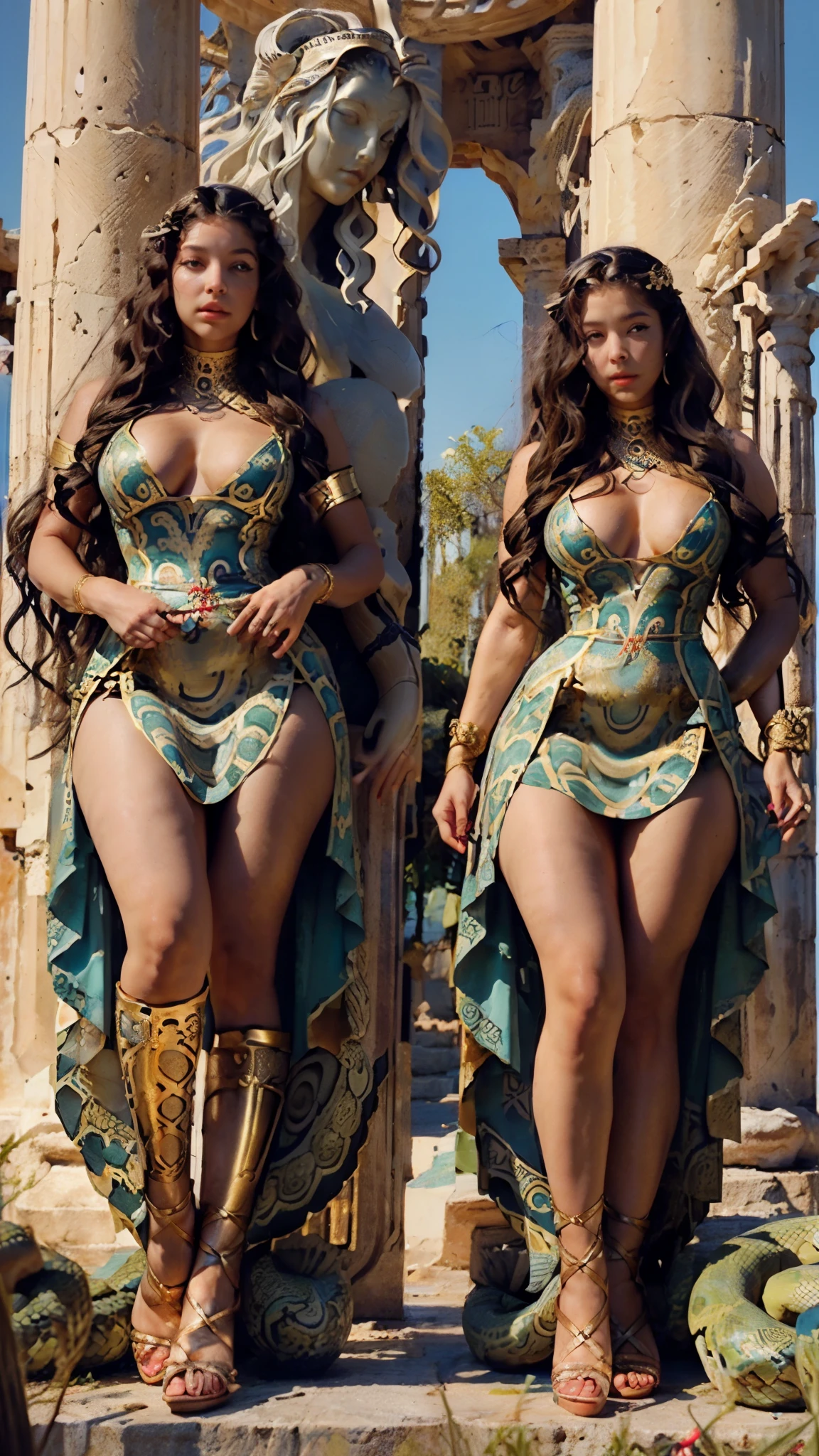 Snakes with ((Greeks goddess (Medusa) wearing Greek goddess dress(Woman body defined thick thighs with dress) her hair transform to skinny snakes), behind massive majestic snakes, High-Quality rendering, masterpiece.