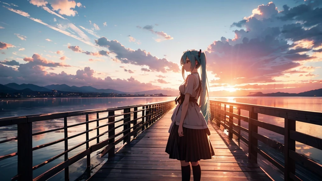 Hatsune Miku is standing on a wooden bridge lit by the setting sun in an upscaled scene。She stared into the distance、I'm reminiscing on fond memories。Surrounded by a quiet lake、Her hair is blowing in the wind。This scene is、It has a calm and emotive atmosphere that connects the past and the present.。
