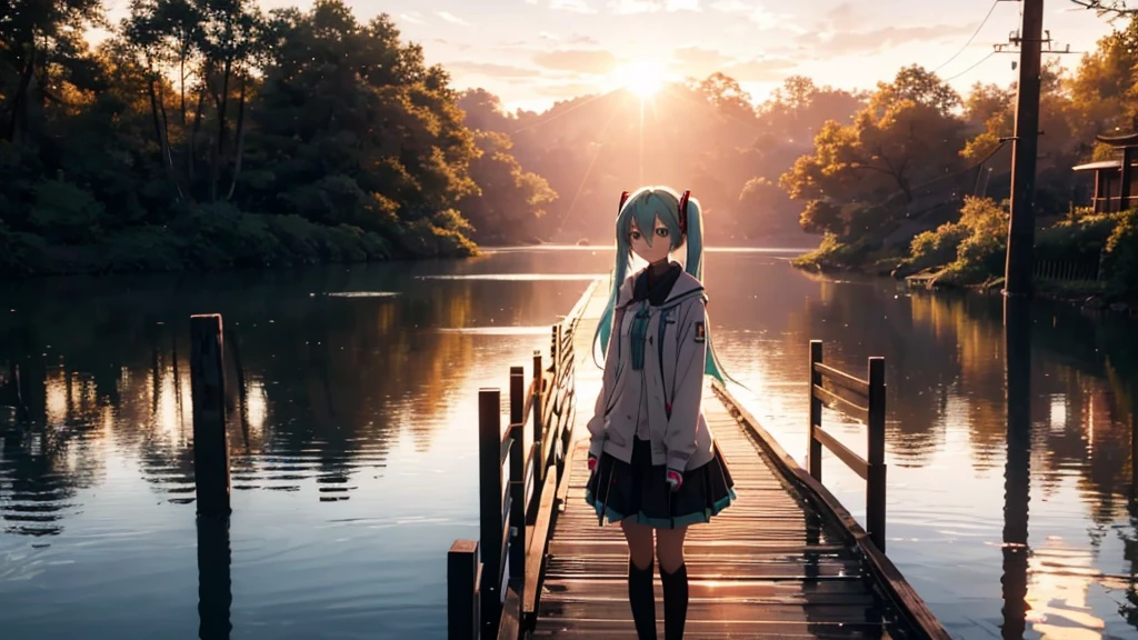 Hatsune Miku is standing on a wooden bridge lit by the setting sun in an upscaled scene。She stared into the distance、I'm reminiscing on fond memories。Surrounded by a quiet lake、Her hair is blowing in the wind。This scene is、It has a calm and emotive atmosphere that connects the past and the present.。