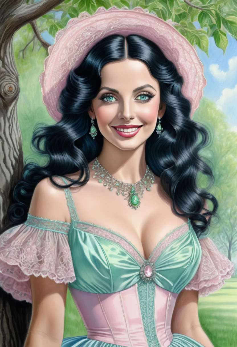 A colored pencil sketch of a beautiful victorian women who is a mash up of Alalaide Kane Hedy Lamar. Light Pink and Light blue dress. Green Eyes, Wide innocent smile, lace, jewels, large eyes, filligree. Pitch black hair. She is litting seductively under a live oak tree.