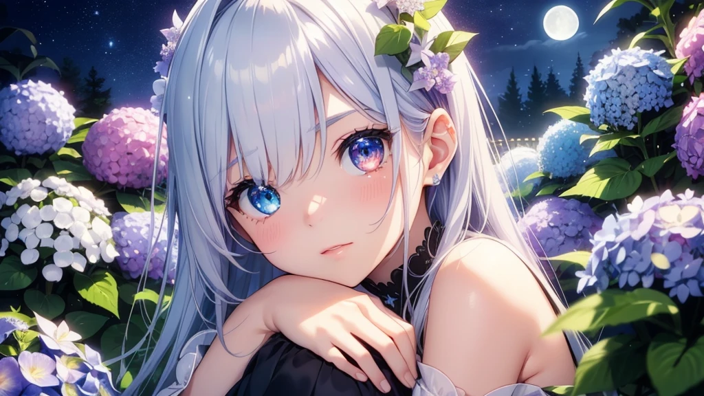 Best quality、Photorealistic、Ultra-detailed、delicate、Orderly、High Detail、Bluish Silver Short Bob、(Drooping heterochromia iris,glowing eyes、Sparkling Eyes:1.3)、slender、(One girl:1.2)、(moon、night、Night Sky、Dark Night、Glowing Hydrangea、Mysterious Light、Girl hugging herself:1.3)、Ambient Occlusion、Ambient Light、Ray-traced Reflections、Glow、Shiny Hair、