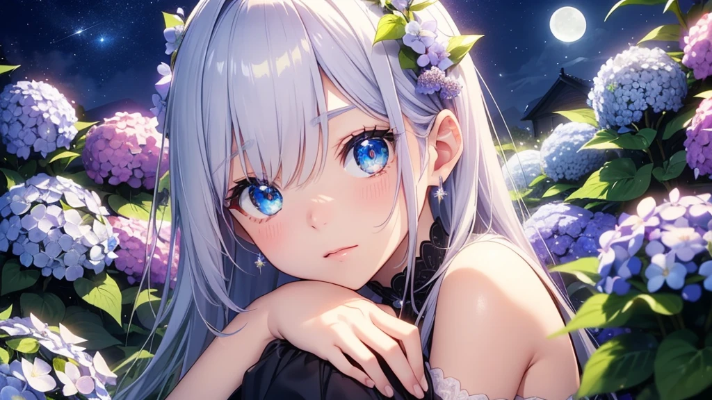 Best quality、Photorealistic、Ultra-detailed、delicate、Orderly、High Detail、Bluish Silver Short Bob、(Drooping heterochromia iris,glowing eyes、Sparkling Eyes:1.3)、slender、(One girl:1.2)、(moon、night、Night Sky、Dark Night、Glowing Hydrangea、Mysterious Light、Girl hugging herself:1.3)、Ambient Occlusion、Ambient Light、Ray-traced Reflections、Glow、Shiny Hair、