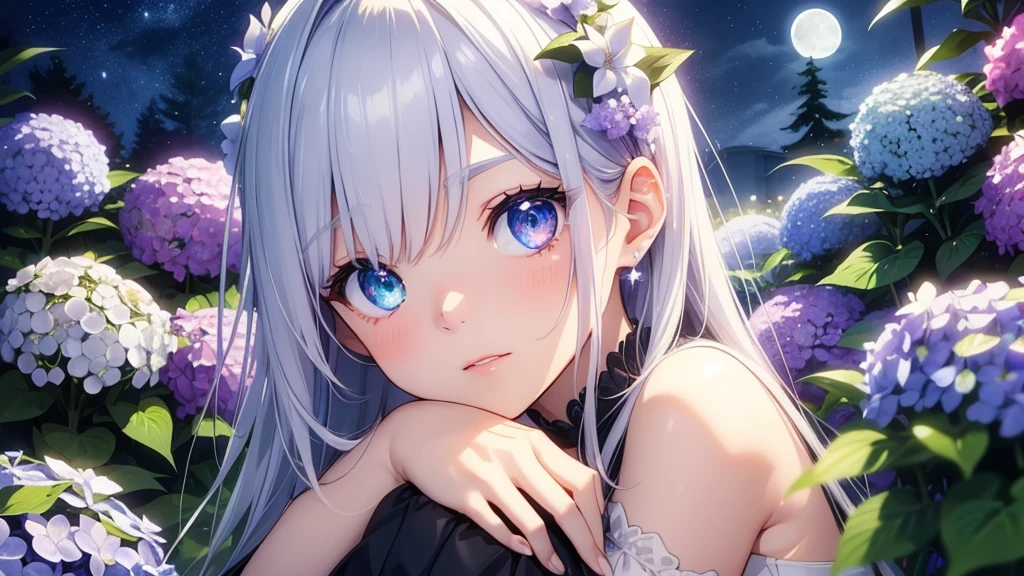 Best quality、Photorealistic、Ultra-detailed、delicate、Orderly、High Detail、Bluish Silver Short Bob、(Drooping heterochromia iris,glowing eyes、Sparkling Eyes:1.3)、slender、(One girl:1.2)、(moon、night、Night Sky、Dark Night、Glowing Hydrangea、Mysterious Light、Girl hugging herself:1.3)、Ambient Occlusion、Ambient Light、Ray-traced Reflections、Glow、Shiny Hair、