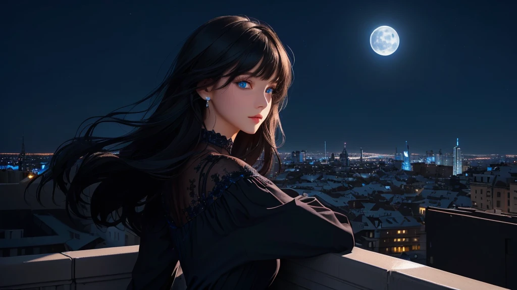 ultra-detailed, beautiful eyes, detailed eyes, detailed face, ultra-detailed, beautiful eyes, Black medium hair, high angle shot, Woman with beautiful blue eyes, looking at the city nightscape on a lonely night, profile, black casual loose-fitting dress, leaning against the wall, deep blue background, moonlight, fantastic lights of buildings and buildings, (((World with blue background))), ((city lights shining beautifully)), blur, Composition like a scene from a movie, master piece, best quality, high resolution, 16k