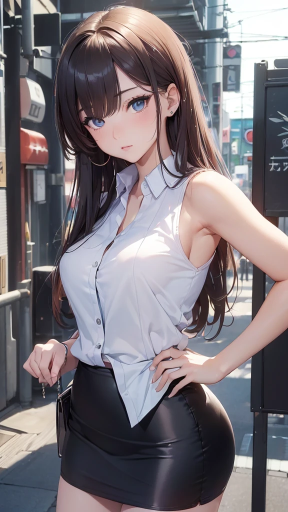 (((masterpiece))),(((High resolution)))、(((8K)))、(((perfect face)))、(((Japan beauty)))、20 years old、((sleeveless business shirt, business mini pencil skirt)), look at the camera, thighs、((top quality eyes)), detailed texture, ((high resolution face))