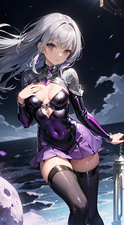 One Woman,14 years,((Gray Hair) ,((())), ((Normal chest)), (())(()),(Shiny purple bodysuit and miniskirt))),,((Fantasy,Moonlit Night))(())
