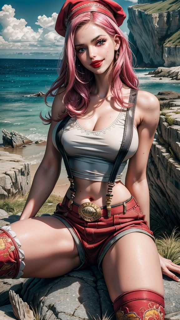 ultra realistic 8k cg, (((Ultra detailed backgrounds, Delicate pattern, intricately details, Highly detailed, Fine details))), Best quality, (Photorealistic:1.4),Beautiful lighting, absurderes, RAW photo, filmgrain, (((Medium , Slim girl))), JewelryBonney, 1girll, Solo, Long hair, Pink hair, Hat, ((Slim girl, Medium breastsdetailed lips, lipstick)), Red lips, (upper legs, Shorts, Suspenders, Boots, Purple eyes), navel, Smile, midriff, food, Crop top, belt, grin, Suspender shorts, ((complex detailed background, barren land, Rocks, Ocean, setting in nature)), (((Close-up, Portrait)))