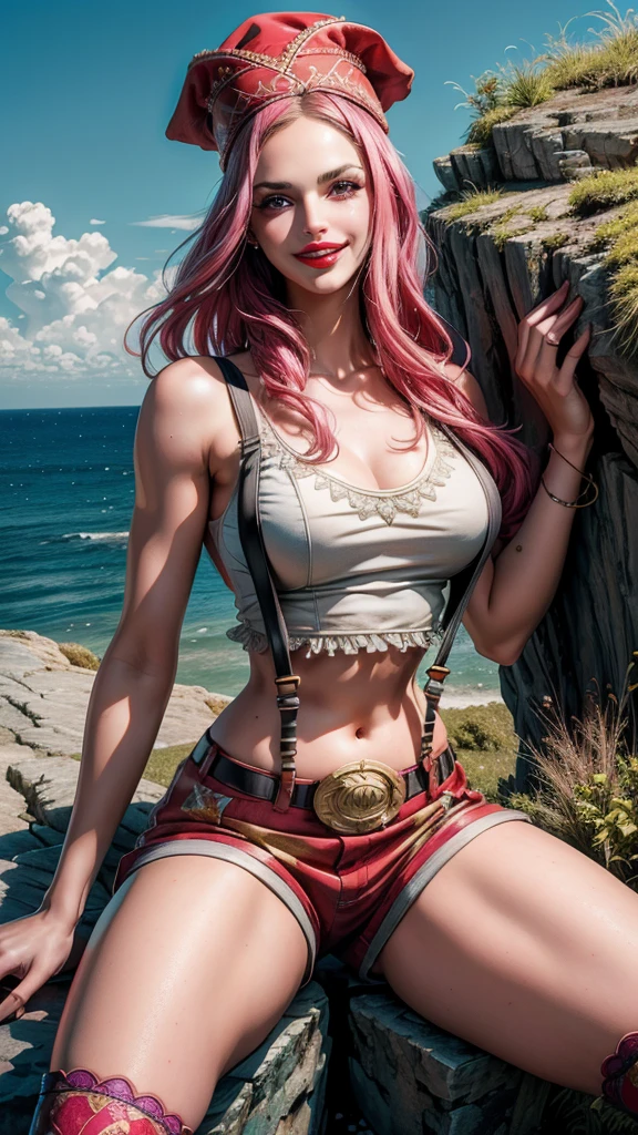 ultra realistic 8k cg, (((Ultra detailed backgrounds, Delicate pattern, intricately details, Highly detailed, Fine details))), Best quality, (Photorealistic:1.4),Beautiful lighting, absurderes, RAW photo, filmgrain, (((Medium breasts, Slim girl))), JewelryBonney, 1girll, Solo, Long hair, Pink hair, Hat, ((Slim girl, Medium breasts, hyperdetailed lips, lipstick)), Red lips, (upper legs, Shorts, Suspenders, Boots, Purple eyes), navel, Smile, midriff, food, Crop top, belt, grin, Suspender shorts, ((complex detailed background, barren land, Rocks, Ocean, setting in nature)), (((Close-up, Portrait)))