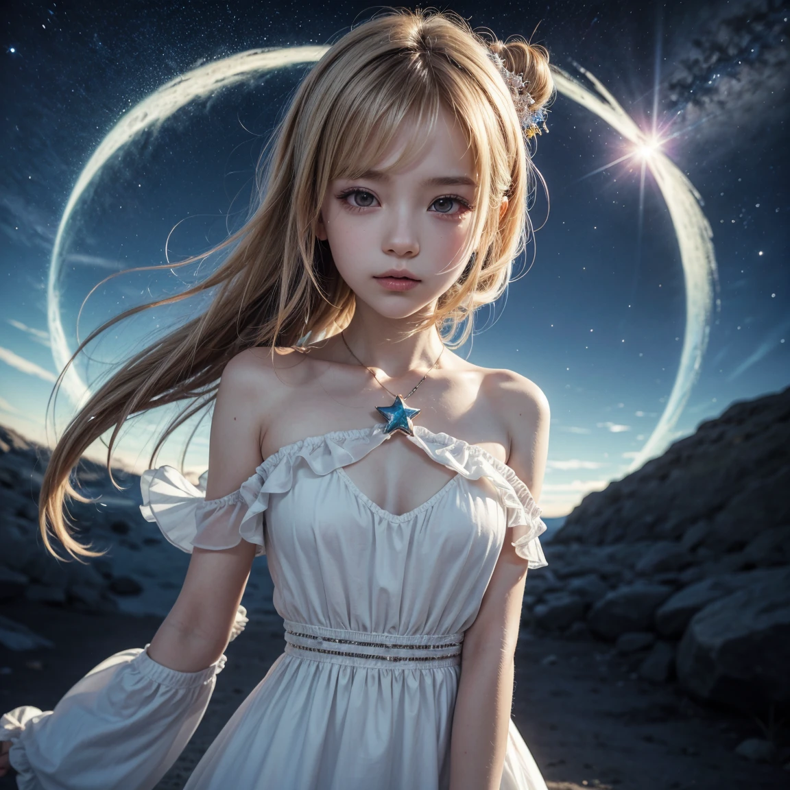 garota de anime com longos cabelos brancos e uma estrela no cabelo, divindade de cabelos brancos, anime girl with cosmic hair, star(sky) estrelado_sky, visual de anime de uma linda garota, arte inicial anime loli, aura branca brilhante, com cabelo branco, ethereal anime, akasuki voidstar, aura celestial, nightcore, estilo de arte anime moe