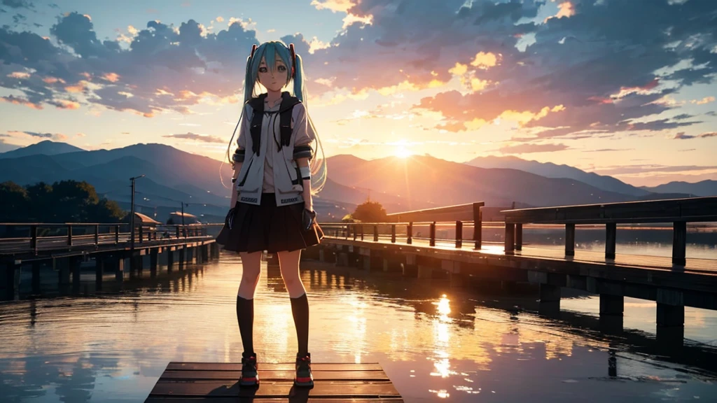 Hatsune Miku is standing on a wooden bridge lit by the setting sun in an upscaled scene。She stared into the distance、I&#39;m reminiscing on fond memories。Surrounded by a quiet lake、Her hair is blowing in the wind。This scene is、It has a calm and emotive atmosphere that connects the past and the present.。