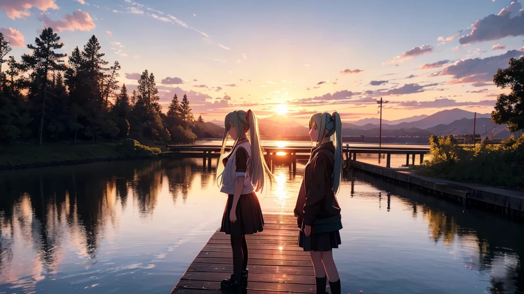 Hatsune Miku is standing on a wooden bridge lit by the setting sun in an upscaled scene。She stared into the distance、I'm reminiscing on fond memories。Surrounded by a quiet lake、Her hair is blowing in the wind。This scene is、It has a calm and emotive atmosphere that connects the past and the present.。