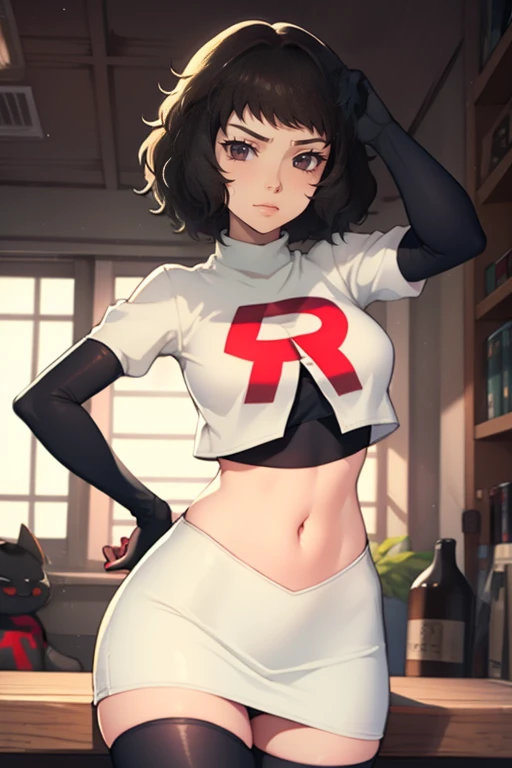 sadayokawakami,rocket,team rocket uniform, red letter R, white skirt,white crop top,black thigh-high boots,black elbow gloves, evil smile, look at viewer, sexy poses