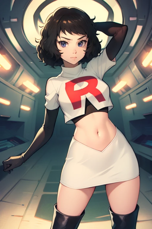 sadayokawakami,rocket,team rocket uniform, red letter R, white skirt,white crop top,black thigh-high boots,black elbow gloves, evil smile, look at viewer, sexy poses