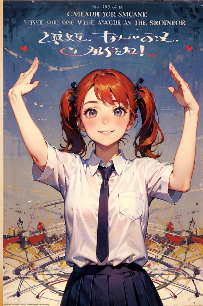 (Highest quality, masterpiece), female, Raise your arms and place one hand over your mouth, smile, Laughter, , White shirt, Pleated skirt, tie, Twin tails, Redhead, blush, View Viewer, cute, Captivating eyes, Movie Posters