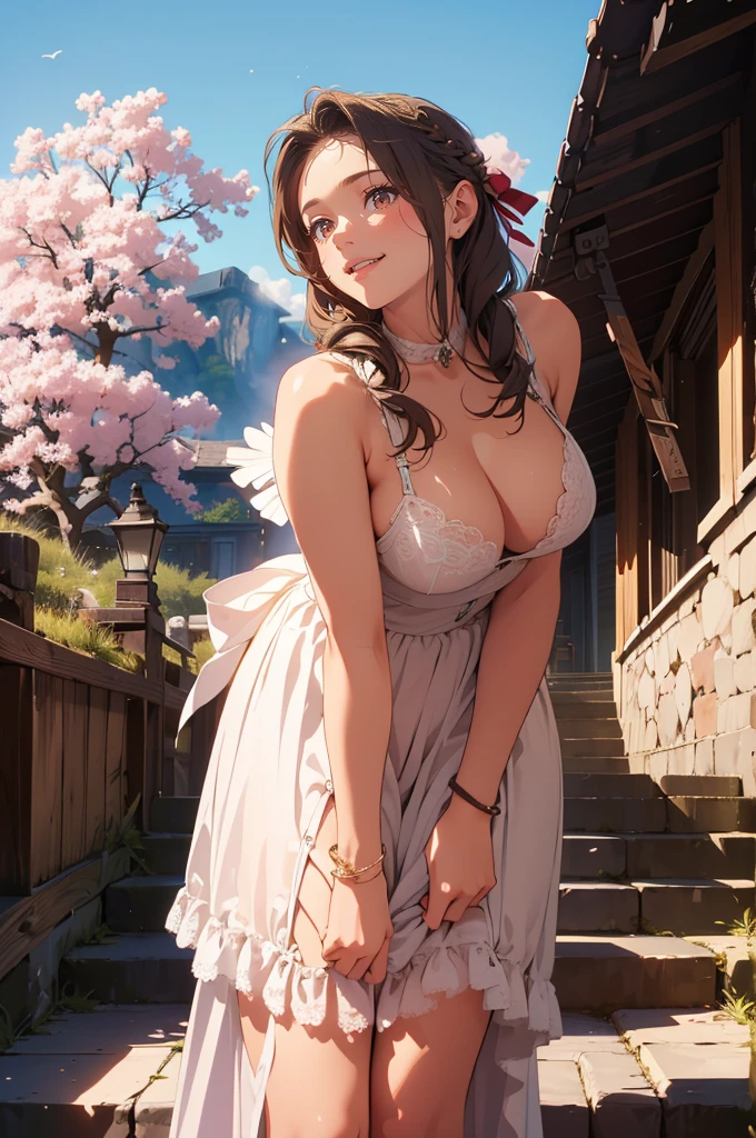 masterpiece, ultra-detailed, best quality, extremely detailed, 8k, high res, realistic, 1girl, 18yo, beautiful girl,BREAK,(blush:1.5),(((Cleavage,Areola))),BREAK,(white translucent dress,Show your underwear:1.5),