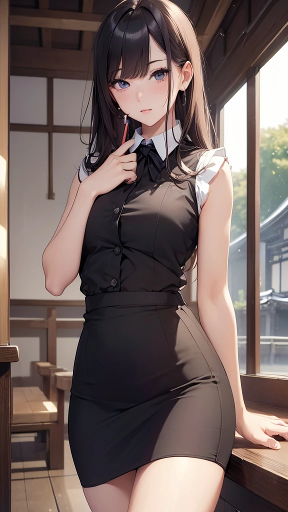 (((masterpiece))),(((High resolution)))、(((8K)))、(((perfect face)))、(((Japan beauty)))、20 years old、((sleeveless business shirt, business super mini pencil skirt)), look at the camera, thighs、((top quality eyes)), detailed texture, ((high resolution face)), ((cute smile)), (((panty shot)))