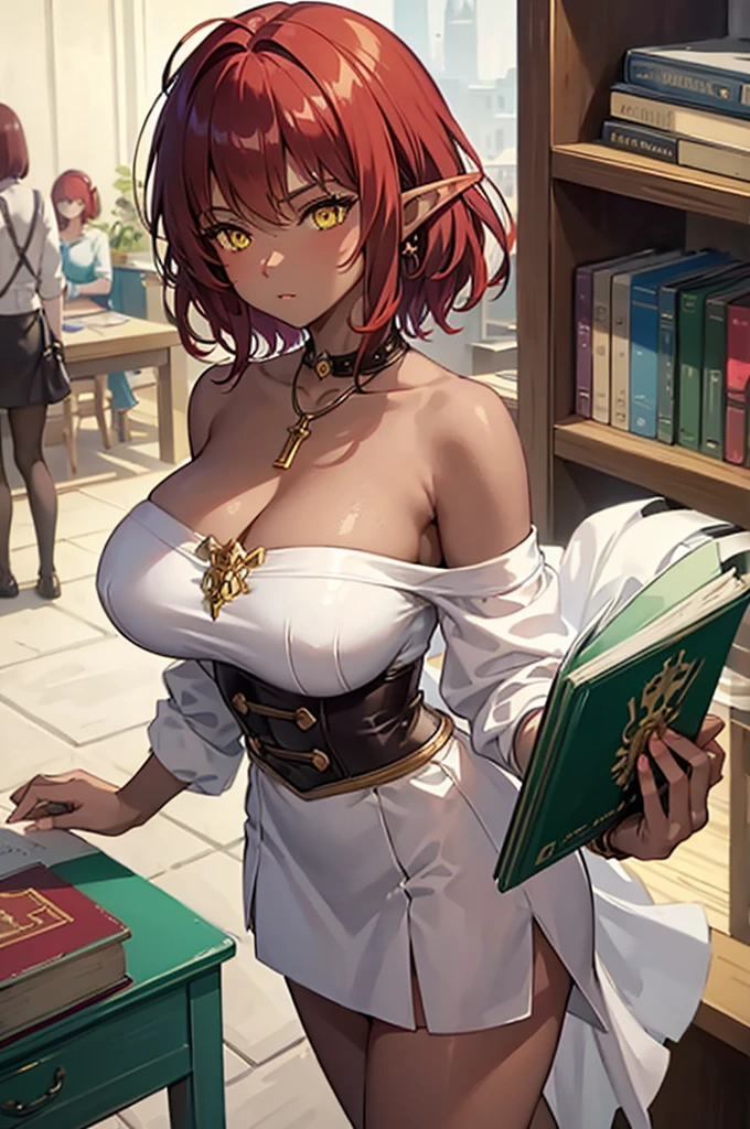 ((best quality)), ((masterpiece)), (detailed), Perfect face, girl, , Red hair, short hair，Brown skin，Yellow eyes,Fantasy style, Off-shoulder dress，White socks，necklace，Backless，Elf ears，Huge Breasts，Magic book，library