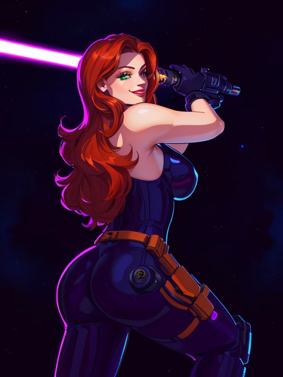 (best quality,8k:1.2,high resolution:1.2), (best quality:1.3), masterpiece, best quality, 8k, artstation, sharp focus, ultra realistic, high details, detailed, ultra-detailed, vintage science fiction, Star Wars based environment, extremely detailed face, long eyelashes, (Mara Jade), Mara Jade Skywalker, long orange hair, bright green eyes, red lipstick, attractive body, athletic figure, bubble butt. She's looking at the camera with a thrilled smile and arrogant smirk. She's wearing a tight shiny black leather suit, black gloves, gun holster, utility belt and high-heel boots. Upper body shot, back view, ass view. She holding a purple lightsaber. Background: Outer Space, stars, cosmic clouds, Chain of fractal nebulae, cosmic, Celestial