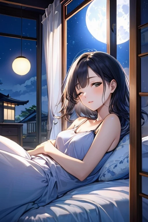 Highest quality, Super quality, 16K, Incredibly absurd, Very detailed, delicate and dynamic, Outside the window it is night。The moonlight is shining in faintly。
Japanese woman in her 20s、Wearing a camisole、Lying on a bed in a bedroom at home。The setting is night, so she looks a little sleepy.。The room has moderate indirect lighting in the background.、A soft light illuminates the woman's skin。The composition is landscape.、The camera captures the woman from slightly above.。