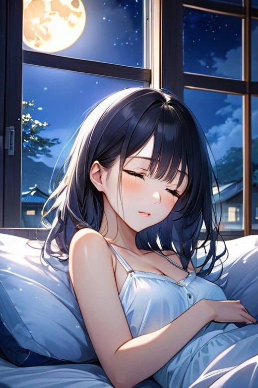 Highest quality, Super quality, 16K, Incredibly absurd, Very detailed, delicate and dynamic, Outside the window it is night。The moonlight is shining in faintly。
Japanese woman in her 20s、Wearing a camisole、Lying on a bed in a bedroom at home。The setting is night, so she looks a little sleepy.。The room has moderate indirect lighting in the background.、A soft light illuminates the woman's skin。The composition is landscape.、The camera captures the woman from slightly above.。