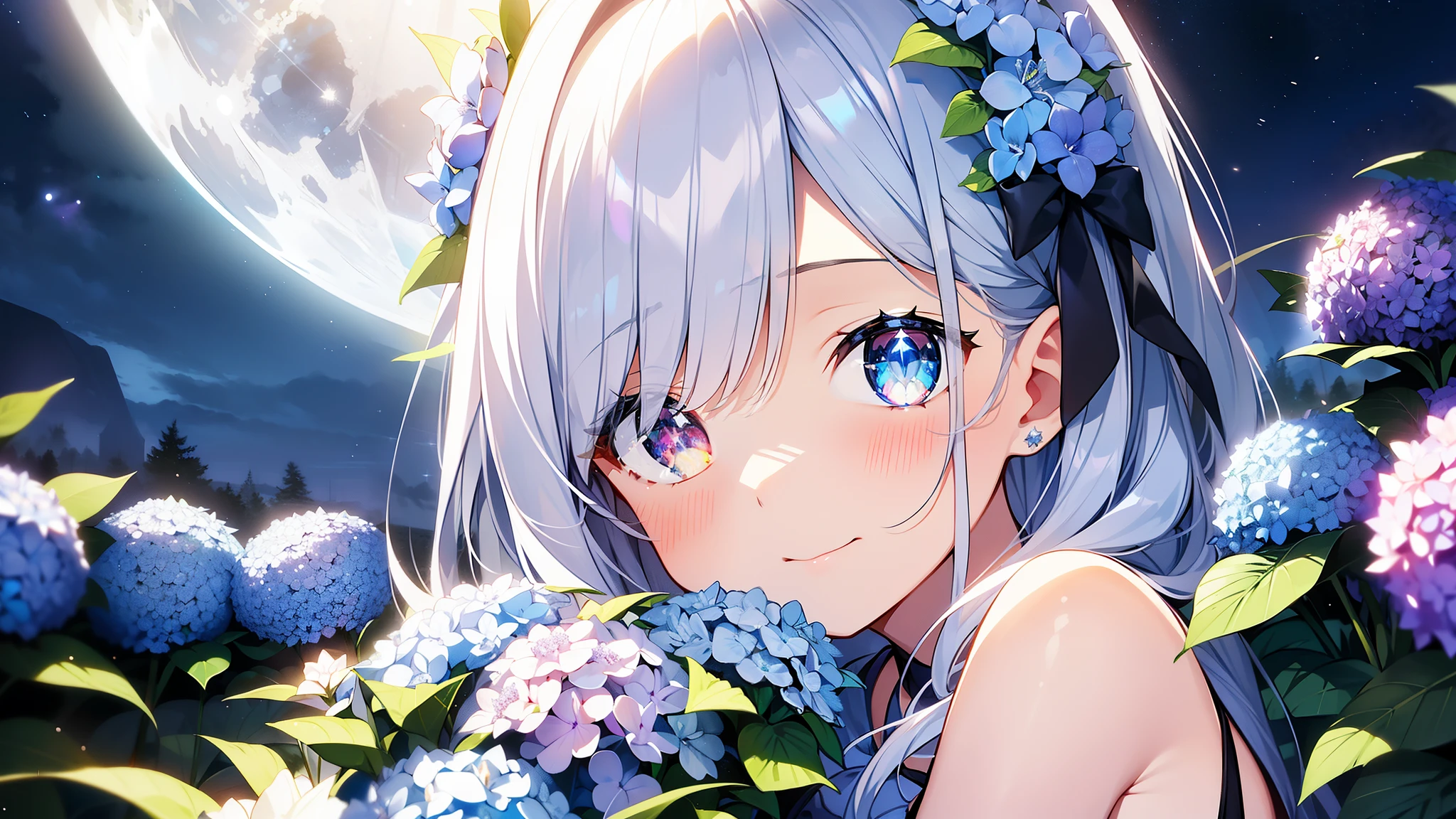 Best quality、Photorealistic、Ultra-detailed、delicate、Orderly、High Detail、Bluish Silver Short Bob、(Drooping heterochromia iris,glowing eyes、Sparkling Eyes:1.3)、slender、(One girl:1.2)、(moon、night、Night Sky、Dark Night、Glowing Hydrangea、Mysterious Light、Girl hugging herself:1.3)、Ambient Occlusion、Ambient Light、Ray-traced Reflections、Glow、Shiny Hair、
