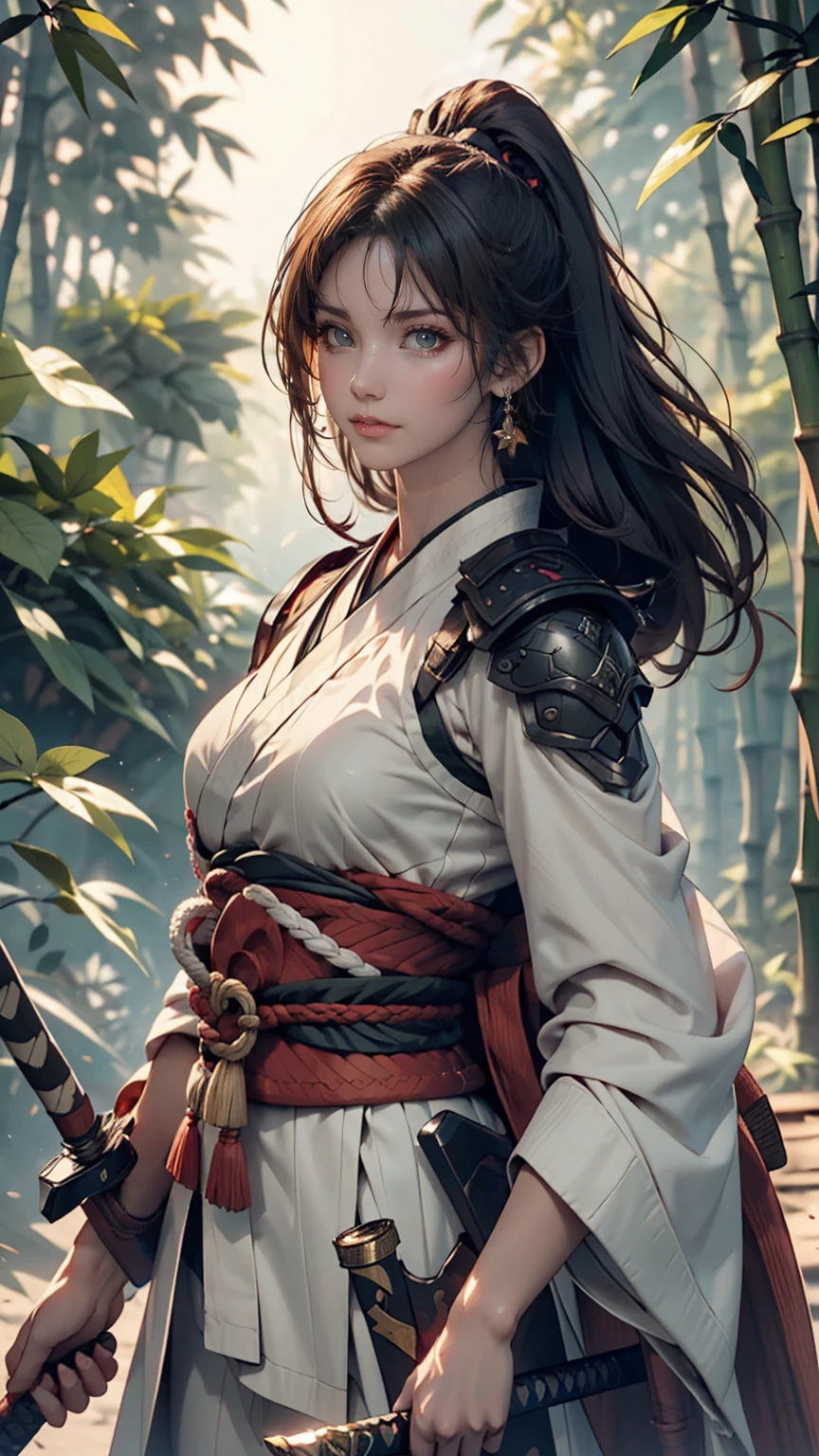 Female Samurai Photo, Stance for battle, With a sword drawn from its sheath, Ready for battle, wearing a samurai costume (kimono) (Bamboo forest wind), (The wind blew the leaves up), Cut on her shoulder ( High skin detail: 1.2), 8K Ultra HD, Single-lens reflex camera, Soft lighting, high quality, Film Grain, Fujifilm XT3