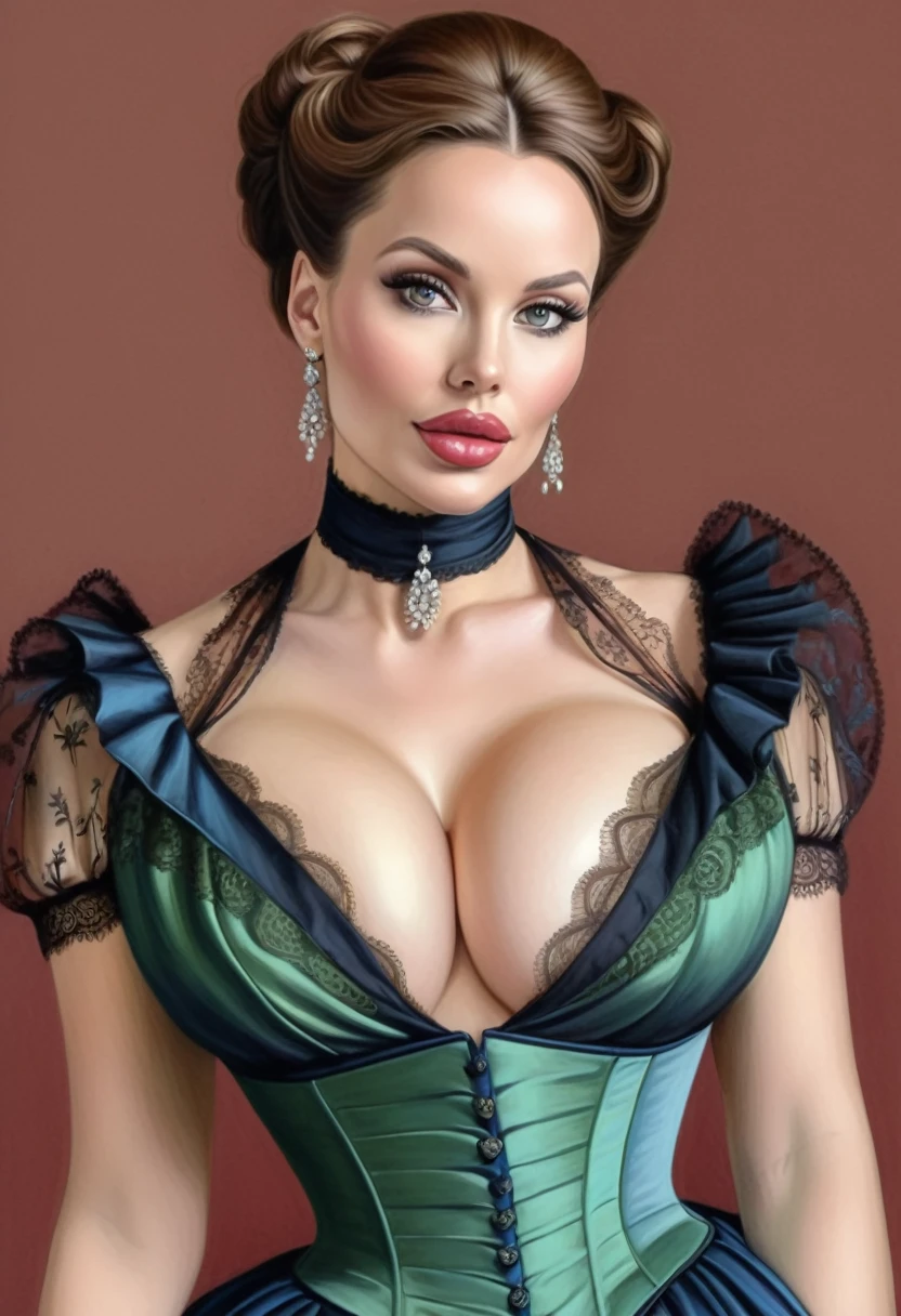 A colored pencil sketch of A beautiful Aristacrat woman with large elegant, hawk-like-nose, who embodies old fashioned class, sophistication, elgance as well as wholesome, natural beauty. curvy, thin-waist, wide-hips, swaying-hips. Laura Vandervoort. Oppulent historically accurate victorian dress.