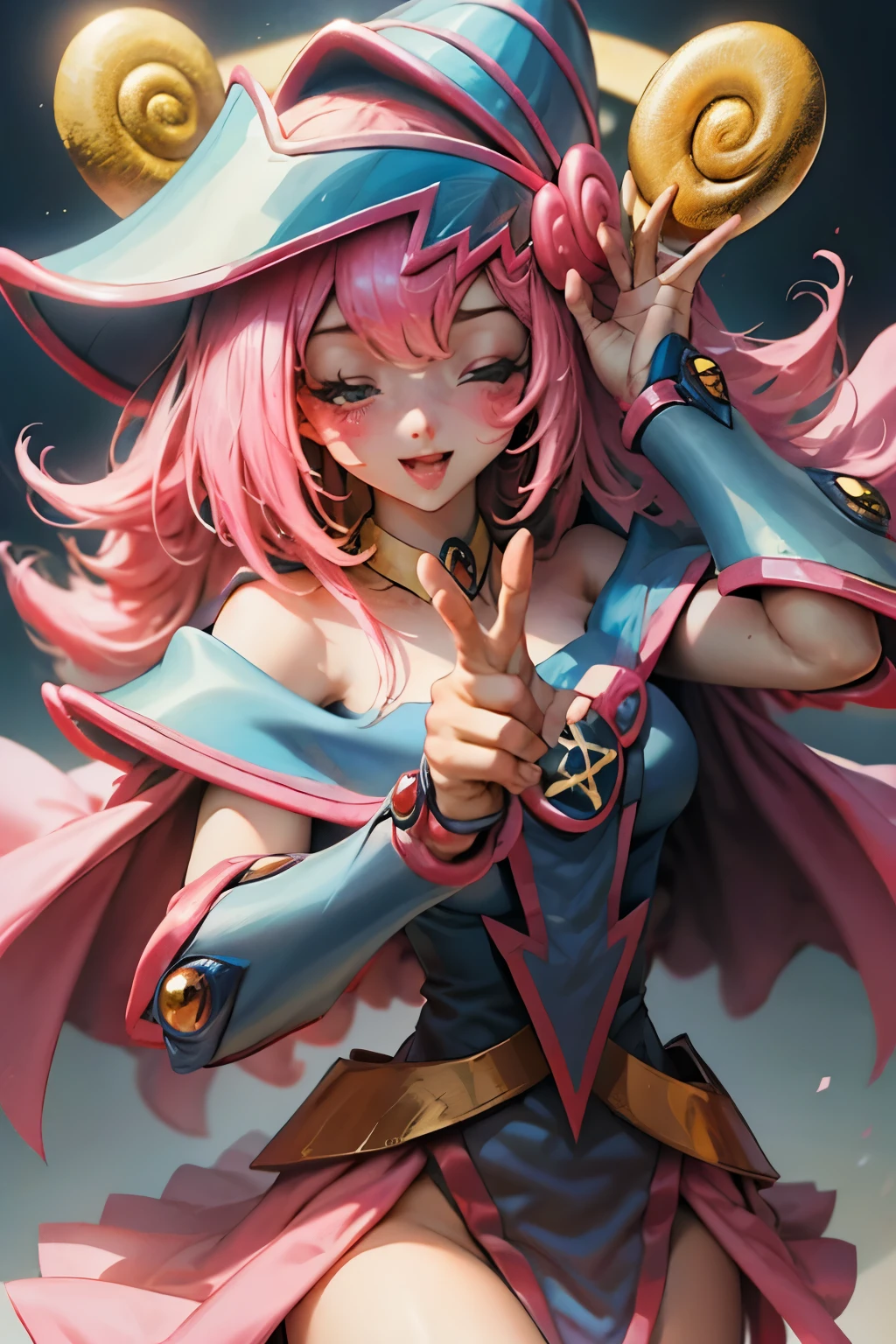 Hermoso rostro de dark magician gils, ojos azules. Labios rosados. Cabello rubio y largo. Ombros descubiertos, sonrisa angelical, hermoso rostro bien detallados de dark magician gils. With his hands he makes the sign of love and peace. His hands make a sign of peace and love. Paz y amor en sus manos