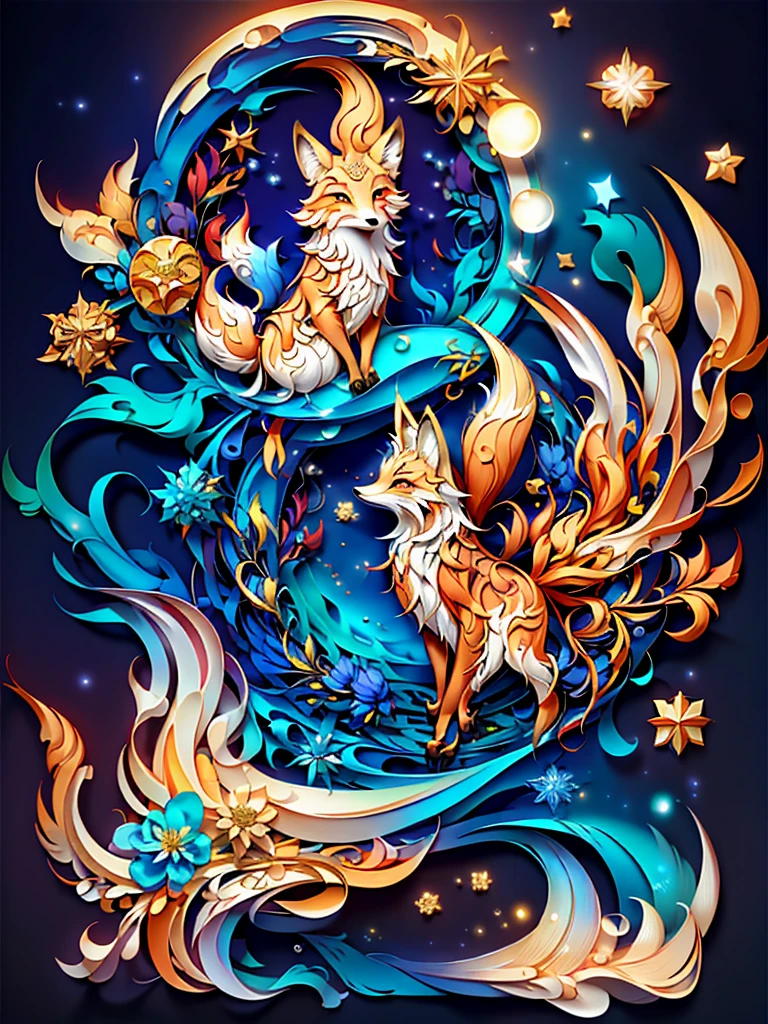Splash art, luminism, fantasy acrylic, digital painting, majestic fox. Magical fantasy white fox closeup, magical creature made of flowers, birds, moon and star colors, big reflective eyes, colorful paint splash style, paint drops, color waves, close-up portrait, color drips, fairy tale, dynamic lighting, art station, Peter Maubacher, broadcast, wow, masterpiece, golden glitter, bubbles, transparent smoke, sun rays