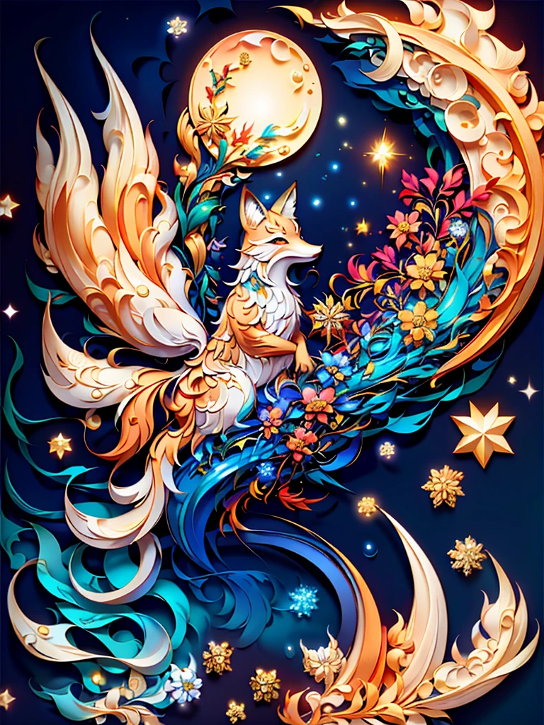 Splash art, luminism, fantasy acrylic, digital painting, majestic fox. Magical fantasy white fox closeup, magical creature made of flowers, birds, moon and star colors, big reflective eyes, colorful paint splash style, paint drops, color waves, close-up portrait, color drips, fairy tale, dynamic lighting, art station, Peter Maubacher, broadcast, wow, masterpiece, golden glitter, bubbles, transparent smoke, sun rays
