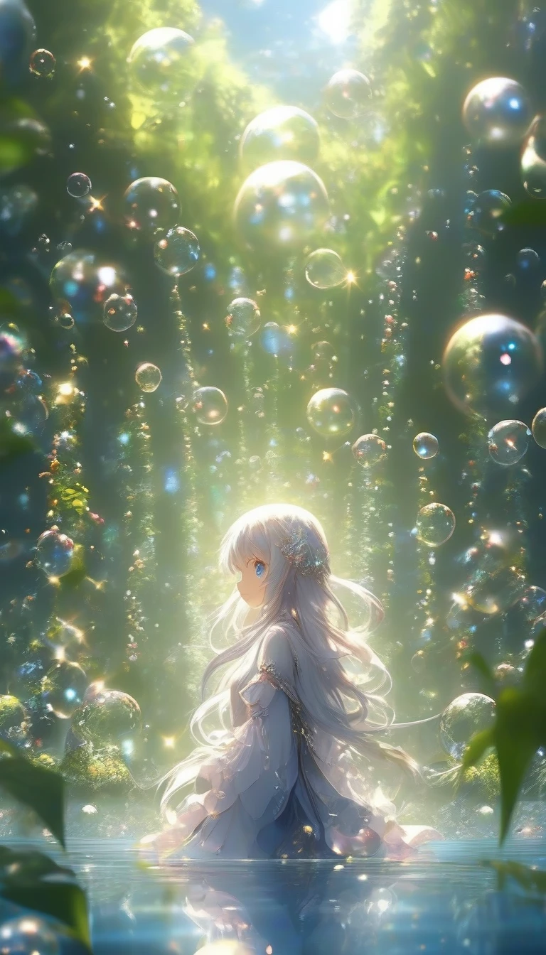 masterpiece,extremely best quality, official art, cg 8k wallpaper, (Fantasy Style:1.1),
(Animated screenshots, magic, stretched girls, and lots of reflection bubbles floating in the air floating on reflective bubbles:1),
looking up, light particle, highly detailed, best lighting, pixiv, depth of field, (beautiful face), fine water surface, incredibly detailed, (an extremely  beautiful), (best quality)