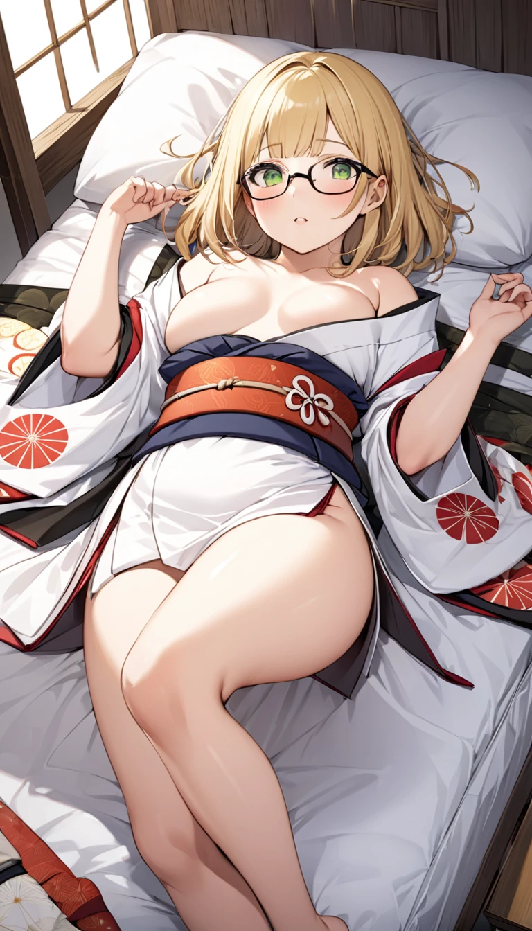 chubby girl, blonde, green eyes, medium length hair, open forehead, without bangs, glasses with black square frames Japanese clothing style, ancient japan, bare chest, bare thighs, lying in bed, white mattress , legs spread