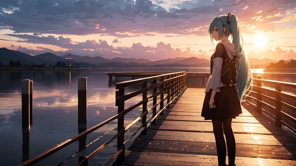 Hatsune Miku is standing on a wooden bridge lit by the setting sun in an upscaled scene。She stared into the distance、I&#39;m reminiscing on fond memories。Surrounded by a quiet lake、Her hair is blowing in the wind。This scene is、It has a calm and emotive atmosphere that connects the past and the present.。