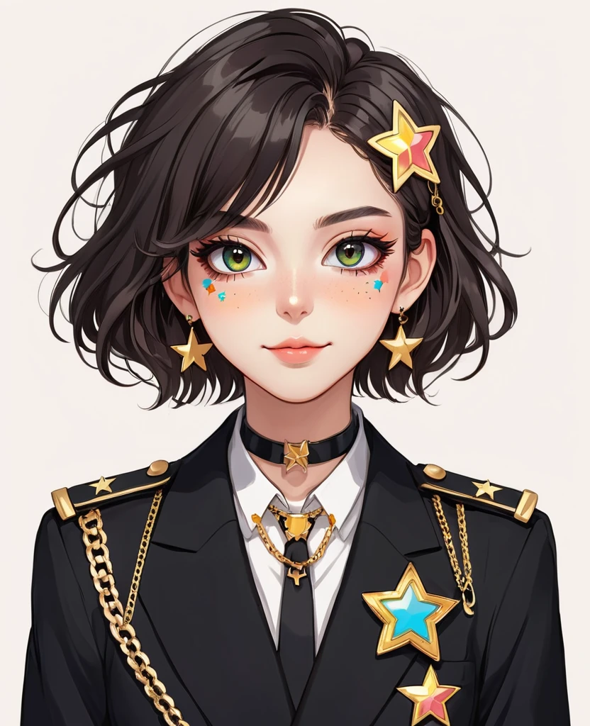 (Digital Illustration,Detailed anime style girl portrait,solitary,symmetry),(Colorful big eyes,Fashionable and exquisite facial features,Exquisite makeup,sweet smile,Star symbol on cheek,Soulful gaze,),(Fluffy bread,hairpin),(Black suit,Epaulette Chain,Cool,),Clean and simple white background,(((Correct human anatomy))),belt